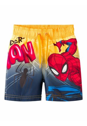 Short jaune et bleu avec personnage de Spider-Man, motif toile d'araignée, graphique d'araignée noire et texte rouge partiel "DER AN" sur le devant.