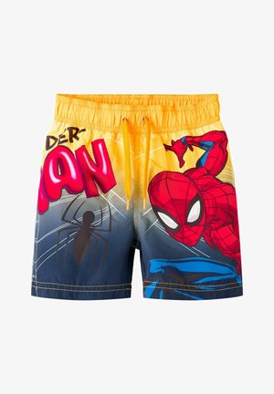 Short jaune et bleu avec personnage de Spider-Man, motif toile d'araignée, graphique d'araignée noire et texte rouge partiel "DER AN" sur le devant.