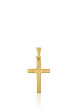 Pendentif croix en or avec des lignes gravées subtiles et une petite boucle en haut pour l'attacher à une chaîne de collier.