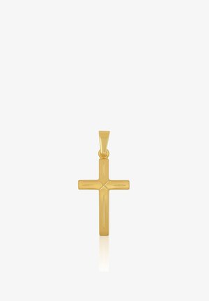 Ciondolo a forma di croce in oro con linee incise sottili e un piccolo anello nella parte superiore per agganciarlo a una catena per collana.