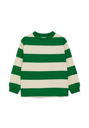 Grøn og cremefarvet bred vandret stribet langærmet rundhalset shirt med ribkant ved ærmer og bund.