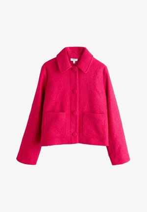 Rosa Wollmischungsjacke mit Kragen, vorderer Knopfleiste und zwei Fronttaschen. Verfügt über ein kurzes Design und eine weiche Textur.