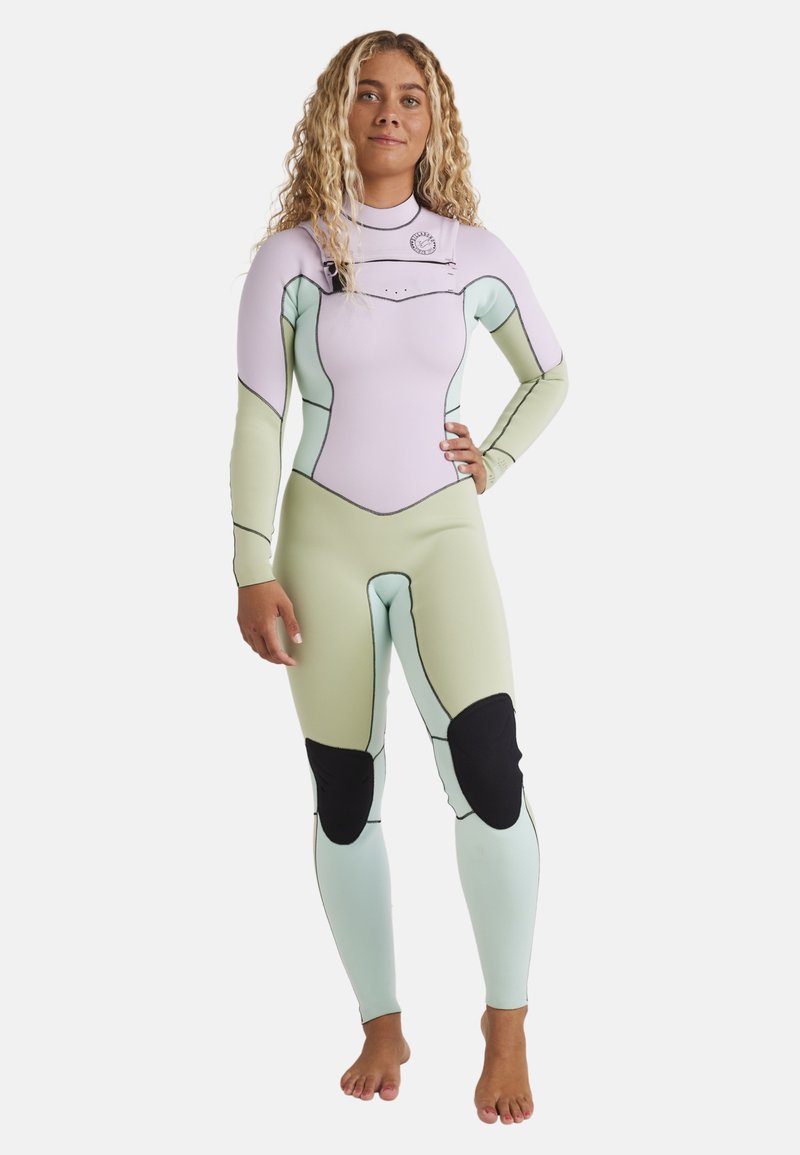 Wetsuit featuring a light purple upper and mint green lower sections, with black knee pads, seam detailing, and a high collar design.
