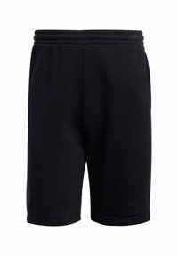 Shorts noirs en tissu doux, dotés d'une taille élastique, de deux poches latérales et d'un logo décoratif sur le côté inférieur gauche.