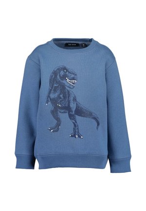 Blå børne-sweatshirt med en sort-hvid Tyrannosaurus rex dinosaur grafik på fronten, rund hals og ribbet manchetter og kant.