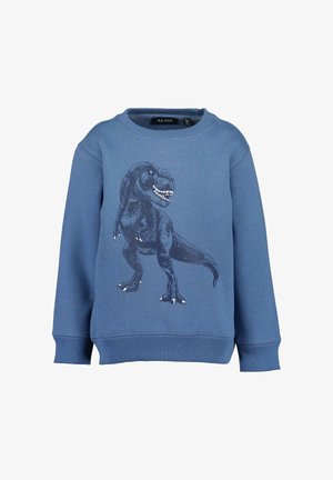 Sweat bleu pour enfants avec un motif graphique noir et blanc de dinosaure Tyrannosaurus rex sur le devant, col rond et poignets et bas-côtes.