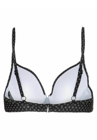 Zwarte driehoekige bh met een wit stippenpatroon, verstelbare bandjes en haaksluiting. Zachte stoffen binnenkant met een gladde textuur.