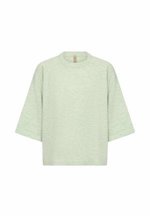 Hele rohelise tooniga ümmarguse kaelusega kampsun, millel on laiad kolmveerandvarrukad ja vabalt langev lõige, esitatud valgel taustal.