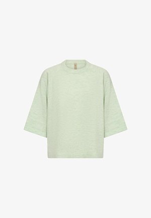 Hele rohelise tooniga ümmarguse kaelusega kampsun, millel on laiad kolmveerandvarrukad ja vabalt langev lõige, esitatud valgel taustal.