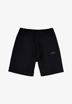 Czarne sportowe szorty z elastycznym paskiem w talii, dwiema bocznymi kieszeniami i prążkowaną fakturą. Na przodzie po lewej stronie znajduje się biały logo.