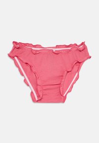 Roza pamučna bikini donji dio s nabranim rubovima, s bijelim elastičnim obrubima duž stranica i mekanom teksturom. Klasičan kroj.