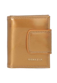 Kompakt tegnebog i bronze kunstl�æder med en glat struktur, stikninger langs kanterne og en trykknaplukning. Har 'Venezia' prægning i guld.