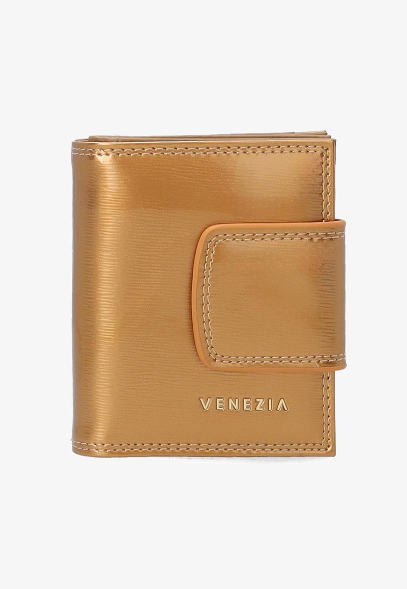 Portefeuille compact en similicuir bronze avec une texture lisse, des bords cousus et une fermeture à pression. Présente "Venezia" embossé en doré.