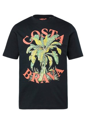 Czarny T-shirt z krótkim rękawem z dużą grafiką tropikalnej rośliny w zielono-żółtych kolorach oraz napisami "COSTA BRAVA" w grubych koralowych literach.