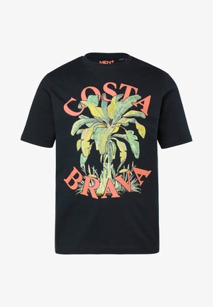 Czarny T-shirt z krótkim rękawem z dużą grafiką tropikalnej rośliny w zielono-żółtych kolorach oraz napisami "COSTA BRAVA" w grubych koralowych literach.