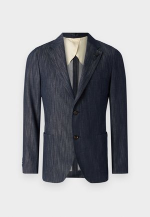 Blazer texturé bleu marine avec un revers cranté, deux poches avant, trois boutons et une doublure intérieure de couleur crème.
