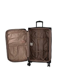 Maleta negra con ruedas y interior beige. Cuenta con múltiples bolsillos, correas de sujeción y forro texturizado. Asa retráctil y cuatro ruedas.