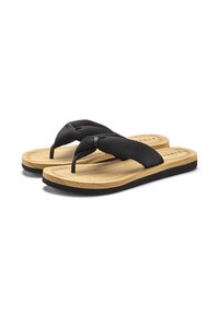 Sandales tongs en tissu noir avec une semelle en bois texturé et une semelle en caoutchouc, présentant un design noué sur les lanières pour un détail supplémentaire.