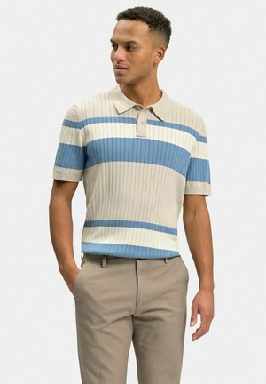Herre kortærmet polo t-shirt med ribbet tekstur i beige, hvid og lyseblå vandrette striber. Klassisk krave og knaplukning.