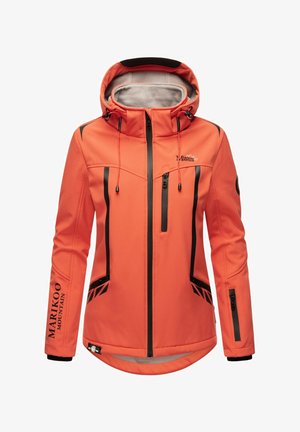 Orange waterproof jacket with black accents, adjustable hood, zippered pockets, and soft interior lining. Features logo on sleeve.