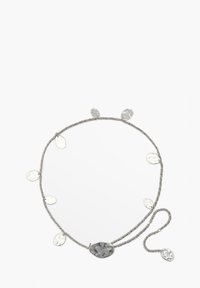 Silver twisted chain necklace with multiple oval metallic accents in varying sizes and a central larger oval pendant with a textured surface.