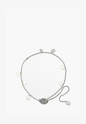 Silver twisted chain necklace with multiple oval metallic accents in varying sizes and a central larger oval pendant with a textured surface.