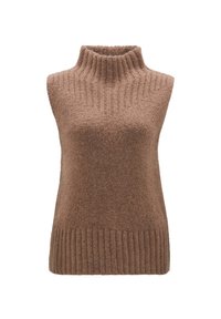 Brauner ärmelloser Pullover mit hohem, geripptem Stehkragen und vertikal gerippter Struktur. Weiches, flauschiges Material mit weitem, geripptem Saum am unteren Rand.