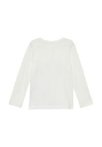 Ein schlichtes, weißes Langarmshirt mit Rundhalsausschnitt flach ausgelegt, das die Rückseite zeigt, ohne sichtbare Muster oder Designs.