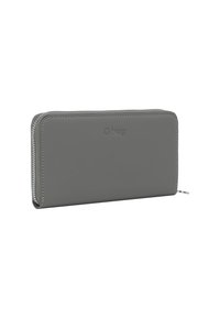 Šedá peněženka na zip vyrobená z měkkého, texturovaného materiálu. Disponuje embosovaným logem a kontrastním prošíváním. Kompaktní obdélníkový tvar pro snadné uložení.