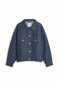 Denim jakna v temno modri barvi, s koničastim ovratnikom, sprednjim gumbom, dvema žepoma na prsih in dvema stranskima žepoma. Ima kontrastno šivanje.