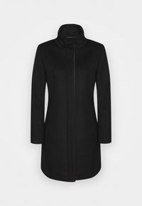 Black wool trench coat with a high collar, front zip closure, and side pockets. Clean lines and tailored design, suitable for various settings.