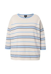 Kermanvärinen toppi, jossa on sinisiä ja tummansinisiä vaakaraitoja, pyöreä kaula-aukko ja kolmanneksen hiilet; pehmeä kangas ja rento istuvuus.