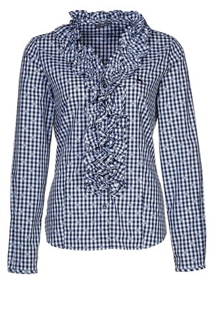 Blauw-wit geruite blouse met lange mouwen, gerimpeld voorvakje en knoopsluiting, aansluitende pasvorm.