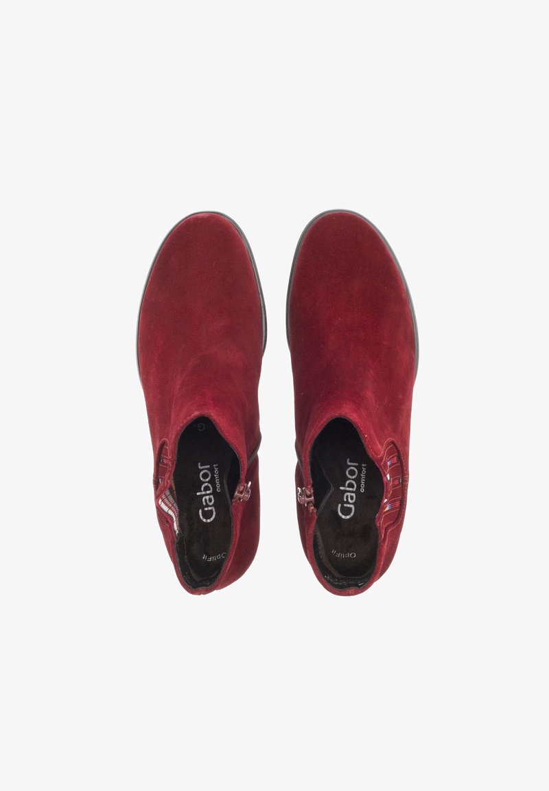 Paire de bottines rouges en daim avec fermetures éclair latérales et panneaux élastiques, vues de dessus.