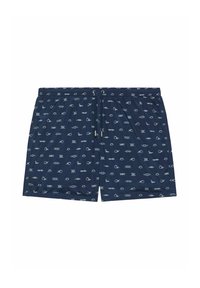 Marine zwemshorts gemaakt van lichtgewicht stof, met een herhaalpatroon van vissen in lichtblauw, voorzien van een elastische tailleband en trekkoord.