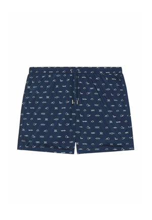 Bañador de marina hecho de un tejido ligero, con un patrón de peces repetido en azul claro, con una cinturilla elástica y cordón ajustable.