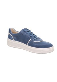 Blaue Wildledersneaker mit weißer Gummisohle, Schnürdesign, abgerundeter Zehenpartie und kontrastierenden Stickdetails entlang der Seiten.