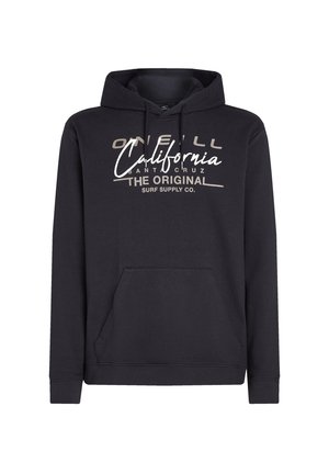 Musta huppari, joka on valmistettu puuvillasekoitteesta, varustettu kengurupussilla, resorikäteillä ja etupuolella oleva graafinen teksti "O'Neill California Santa Cruz."