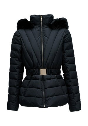 Chaqueta acolchada negra con cuello alto y detalles de piel sintética. Cuenta con cintura con cinturón, cierre con cremallera y patrón acolchado.