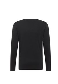 Camisa negra de manga larga hecha de tela suave con cuello redondo. Sin patrones ni acentos. Diseño simple y ajustado.