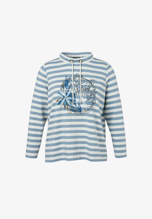 Gestreiftes Sweatshirt mit langen Ärmeln in Hellblau und Weiß, mit teilweisem Grafikdruck und verstellbarem Kordelzug am Hals. Weicher Stoff.