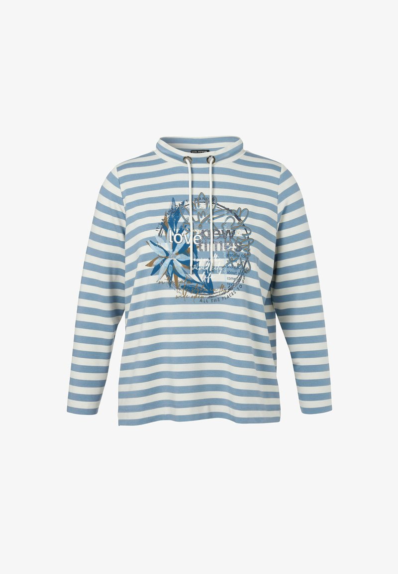 Striped long-sleeve sweatshirt in light blue and white, featuring a partial graphic print, adjustable drawstring at the neck. Soft fabric.