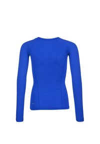 Langärmliges Sportoberteil in leuchtendem Blau, aus dehnbarem Stoff. Merkmale einen runden Halsausschnitt und ein nahtloses Design für zusätzlichen Komfort.