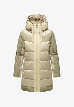 Beige puffer jacket with adjustable hood, zip front, and horizontal stitching. Features a contrasting light green panel at the shoulders.