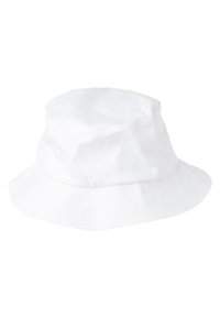 White bucket hat made of lightweight fabric with a round crown and wide, downward-sloping brim; features stitched detailing.