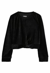 Schwarzer, cropped Pullover aus weichem, geripptem Stoff. Mit langen Ärmeln, einem runden Ausschnitt und einem geknoteten Detail am Saum.