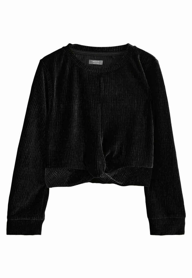 Schwarzer, cropped Pullover aus weichem, geripptem Stoff. Mit langen Ärmeln, einem runden Ausschnitt und einem geknoteten Detail am Saum.