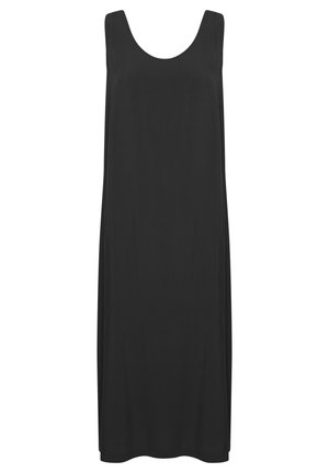 Sort ærmeløs kjole med rund halsudskæring, løs pasform og glat stof. Ingen mønstre eller hardware, hvilket fremhæver enkelheden i designet.