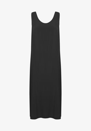 Mustaline ilma varrukat kleit ümarate kaeluste, laia lõike ja sileda kangaga. Ilma mustrite või metalldetailideta, rõhutab lihtsust disainis.