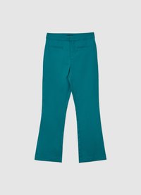 Pantalon évasé couleur sarcelle avec une texture lisse, présentant deux poches arrière et une taille mi-haute, posé à plat sur un fond blanc.
